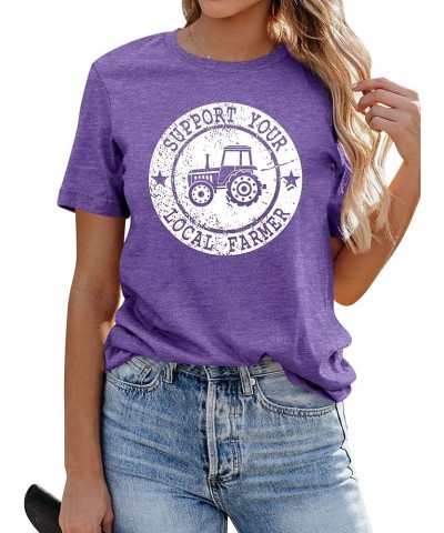 Women Support Your Local Farmer Letter Cute Graphic T-Shirts Casual Short Sleeve Farm Tops A-purple $11.72 T-Shirts