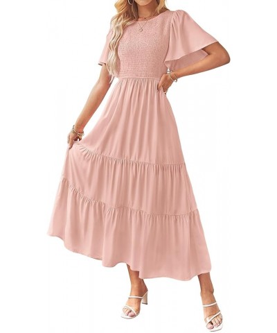 Women's Summer Casual Flutter Short Sleeve Crew Neck Solid Color Smocked Tiered A Line Flowy Beach Midi Dress Blush $26.54 Dr...