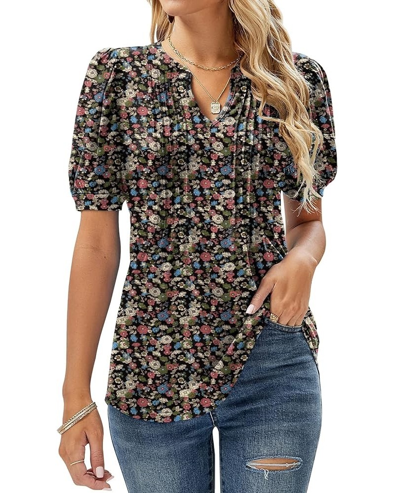 Womens V Neck Puff Short Sleeve Pleated T Shirts Fashion Summer Tops Casual Tunic Blouse Floral Army Green $11.49 Tops