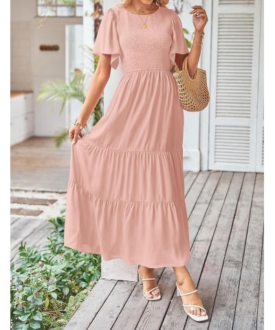 Women's Summer Casual Flutter Short Sleeve Crew Neck Solid Color Smocked Tiered A Line Flowy Beach Midi Dress Blush $26.54 Dr...