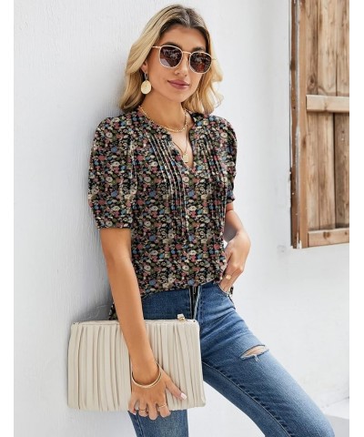 Womens V Neck Puff Short Sleeve Pleated T Shirts Fashion Summer Tops Casual Tunic Blouse Floral Army Green $11.49 Tops