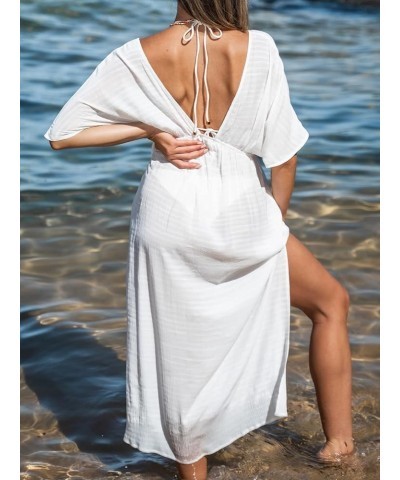 Women Plunging V-Neck Maxi Cover-Up Dress Elasticized Waist Relaxed Fit Beach Cover-Ups White $13.63 Swimsuits