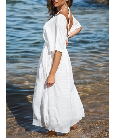 Women Plunging V-Neck Maxi Cover-Up Dress Elasticized Waist Relaxed Fit Beach Cover-Ups White $13.63 Swimsuits