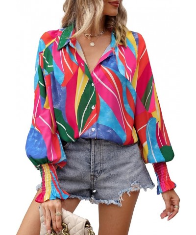 Womens Button Down Shirt Lantern Long Sleeves Shirt Oversized Casual Blouses Tops Abstract Printted Rainbow $15.59 Blouses