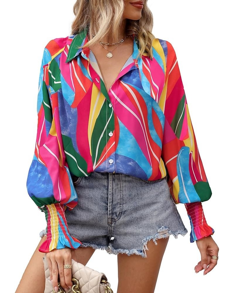 Womens Button Down Shirt Lantern Long Sleeves Shirt Oversized Casual Blouses Tops Abstract Printted Rainbow $15.59 Blouses