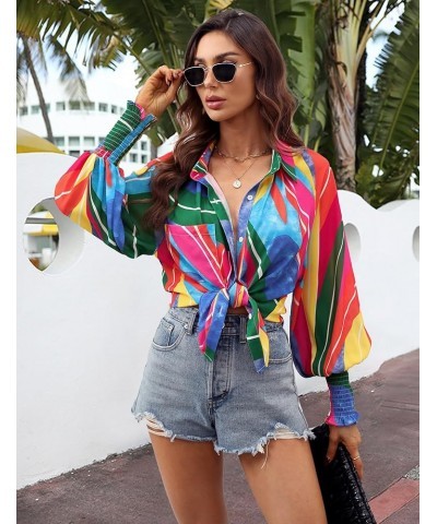 Womens Button Down Shirt Lantern Long Sleeves Shirt Oversized Casual Blouses Tops Abstract Printted Rainbow $15.59 Blouses