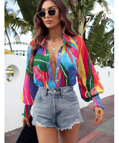 Womens Button Down Shirt Lantern Long Sleeves Shirt Oversized Casual Blouses Tops Abstract Printted Rainbow $15.59 Blouses