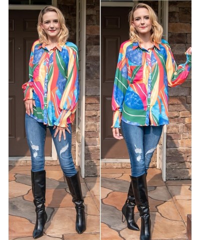 Womens Button Down Shirt Lantern Long Sleeves Shirt Oversized Casual Blouses Tops Abstract Printted Rainbow $15.59 Blouses