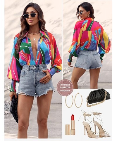 Womens Button Down Shirt Lantern Long Sleeves Shirt Oversized Casual Blouses Tops Abstract Printted Rainbow $15.59 Blouses