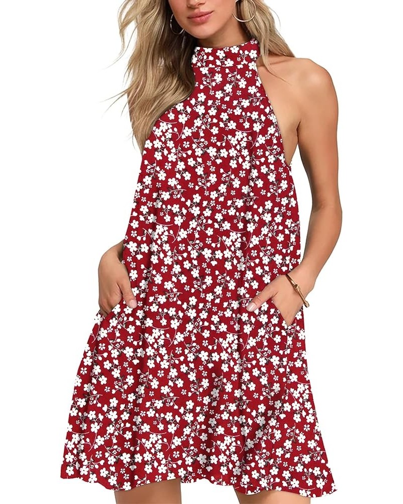 Womens Summer Dress Sleeveless Halter Neck Beach Dress Casual Sundresses with Pockets Red Flower $14.74 Dresses