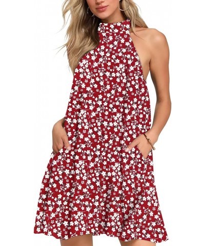 Womens Summer Dress Sleeveless Halter Neck Beach Dress Casual Sundresses with Pockets Red Flower $14.74 Dresses