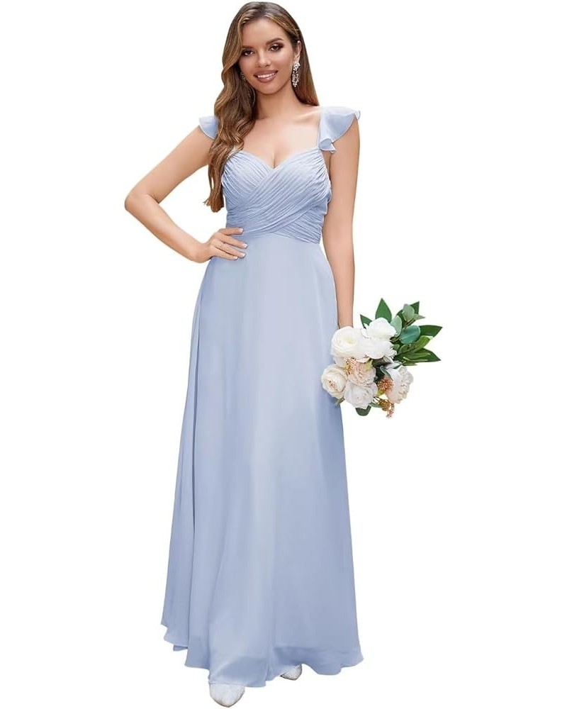Chiffon Bridesmaid Dresses with Sleeves Pleated V Neck Long Maxi Dress Evening Dress Formal Wedding Guest Dress Sky Blue $27....