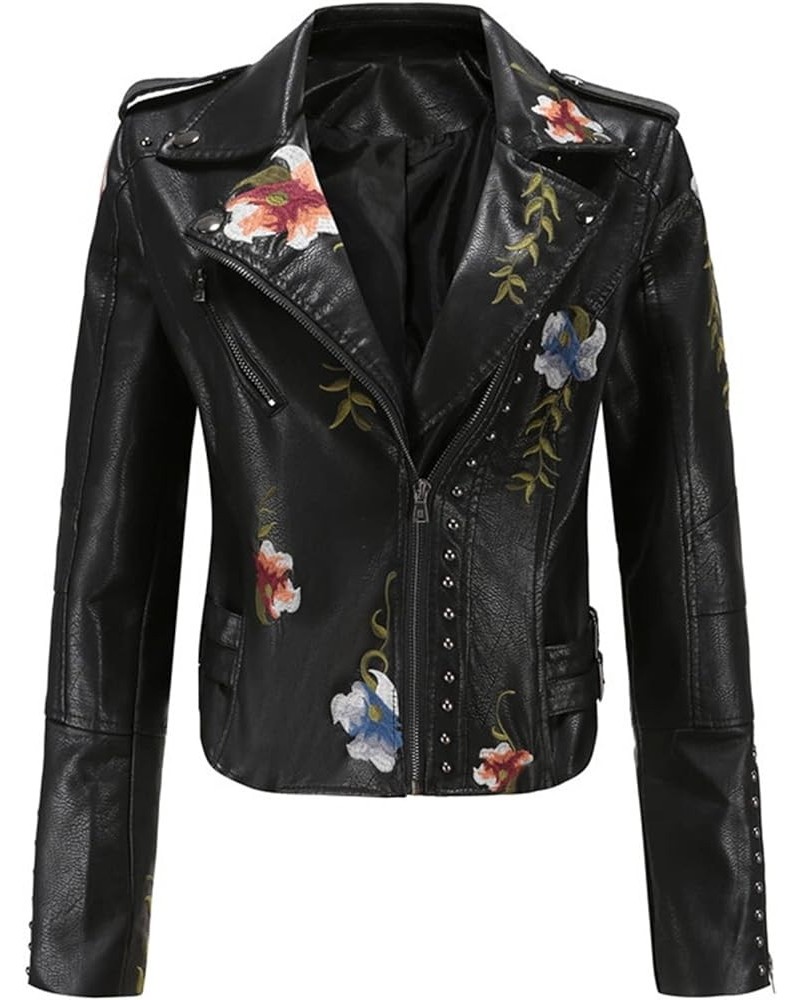 Women's Leather Jacket PU Floral Print Embroidered Inlaid Rivet Decoration Motorcycle Jacket Punk Jacket Streetwear (Color : ...