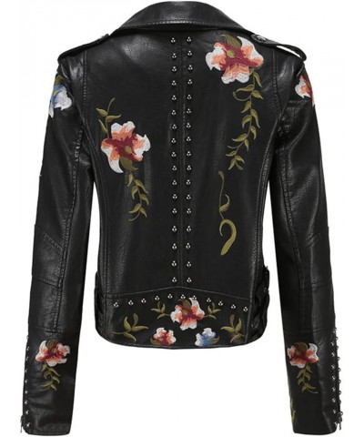 Women's Leather Jacket PU Floral Print Embroidered Inlaid Rivet Decoration Motorcycle Jacket Punk Jacket Streetwear (Color : ...