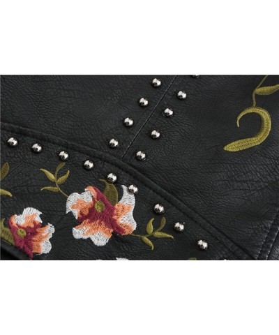 Women's Leather Jacket PU Floral Print Embroidered Inlaid Rivet Decoration Motorcycle Jacket Punk Jacket Streetwear (Color : ...