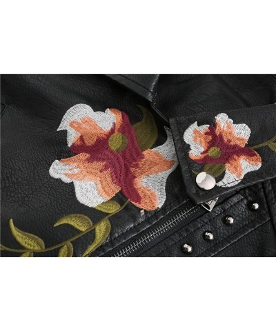 Women's Leather Jacket PU Floral Print Embroidered Inlaid Rivet Decoration Motorcycle Jacket Punk Jacket Streetwear (Color : ...