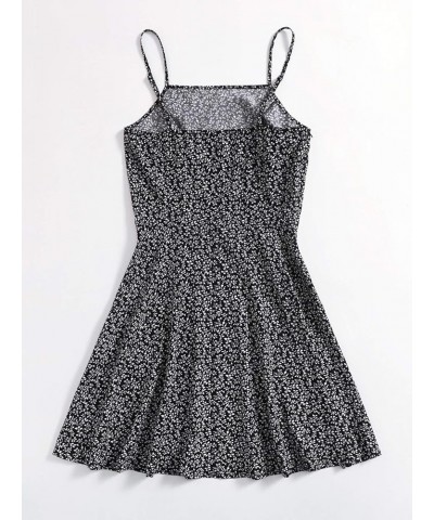 Women's Ditsy Floral High Waist Cami Short A Line Dress Black $17.48 Vests