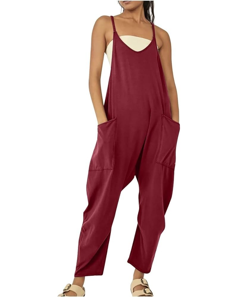 Womens Jumpsuits Casual Womens Sleeveless Loose Rompers Jumpsuits Casual Stretchy Wide Leg Baggy Overalls with Pockets Z1-red...