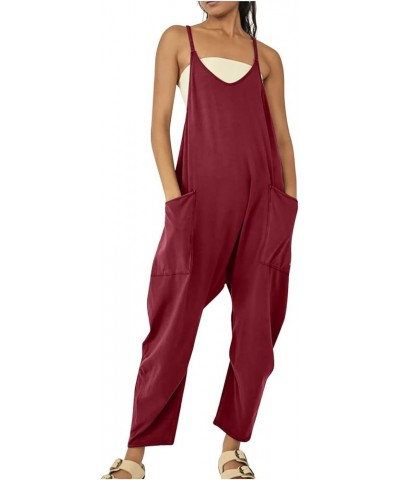 Womens Jumpsuits Casual Womens Sleeveless Loose Rompers Jumpsuits Casual Stretchy Wide Leg Baggy Overalls with Pockets Z1-red...