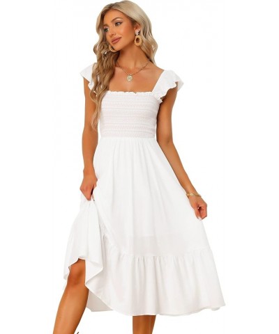 Boho Midi Dress for Women's Square Neck Ruffle Tiered Flowy Smocked Sundress White $28.73 Dresses