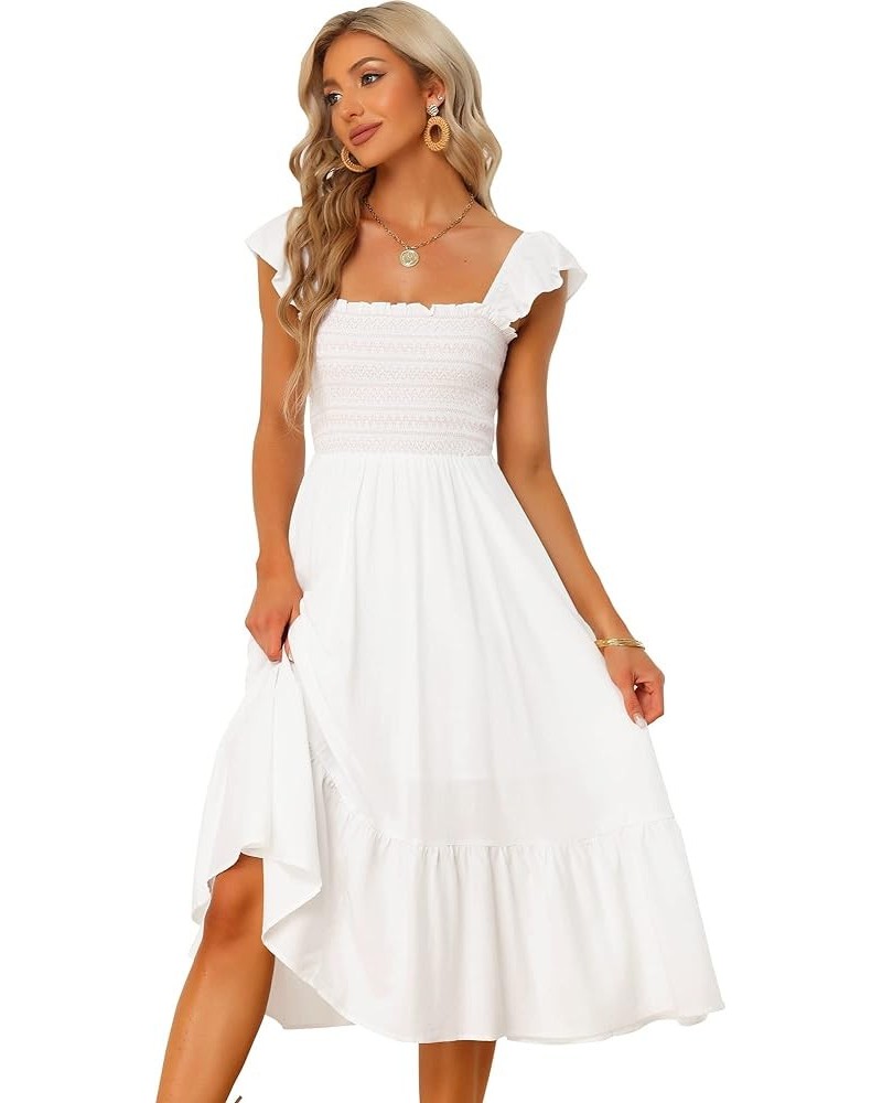 Boho Midi Dress for Women's Square Neck Ruffle Tiered Flowy Smocked Sundress White $28.73 Dresses