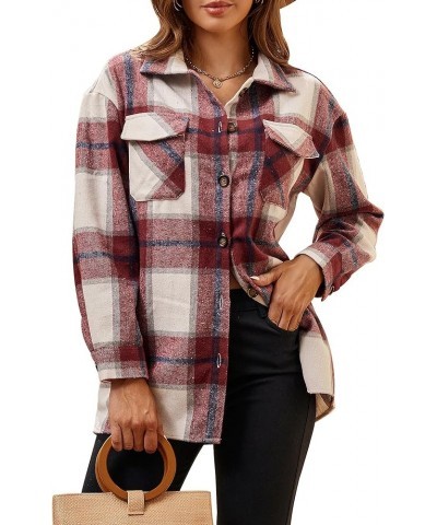 Flannel Shirts for Women Long Sleeve Button Down Plaid Fall Shirt Casual Work Tops Thick Red/White $10.00 Blouses