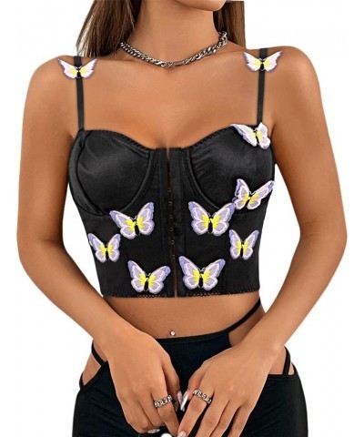 Women Chic Floral Embroidered Corset Top Spaghetti Strap Sheer Mesh Push Up Bustier Bralette Black $15.29 Bras