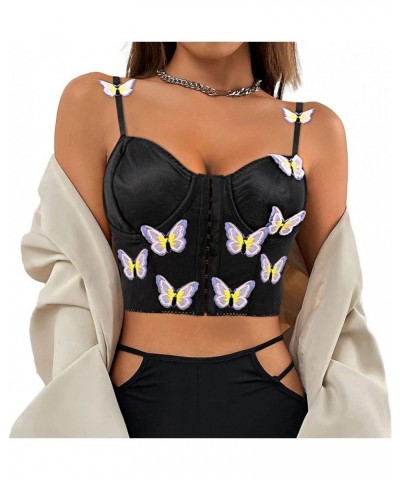 Women Chic Floral Embroidered Corset Top Spaghetti Strap Sheer Mesh Push Up Bustier Bralette Black $15.29 Bras