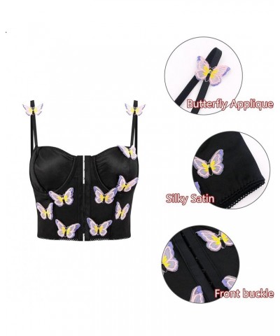 Women Chic Floral Embroidered Corset Top Spaghetti Strap Sheer Mesh Push Up Bustier Bralette Black $15.29 Bras