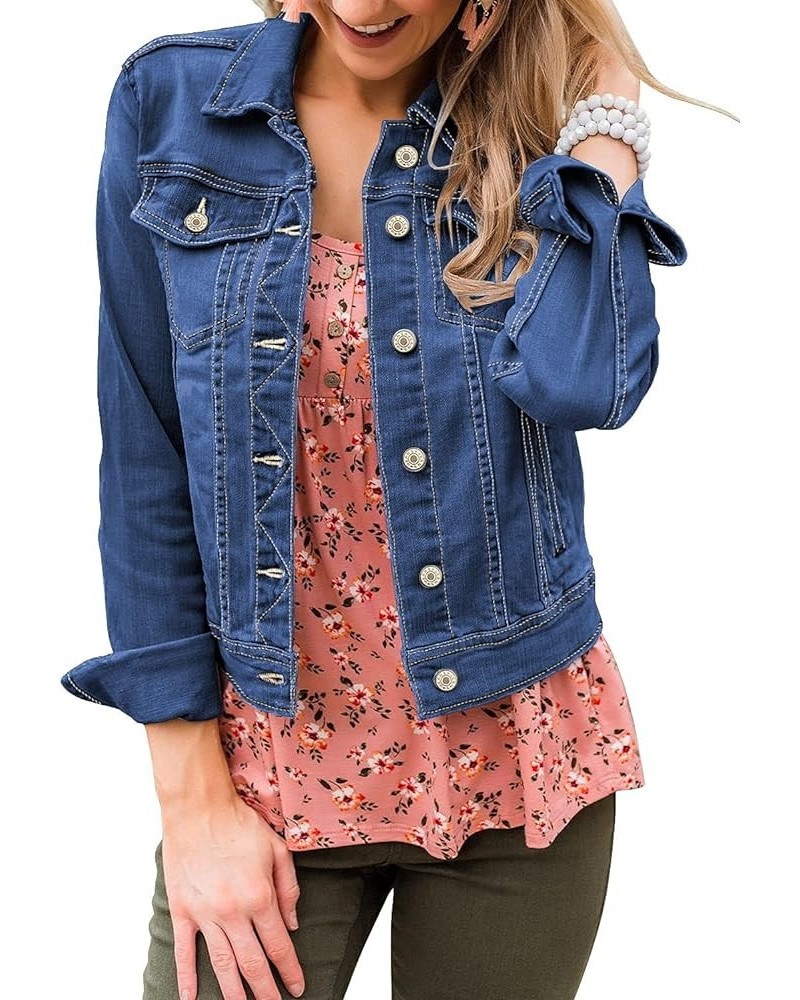 Women's Basic Long Sleeves Button Down Fitted Denim Jean Jackets Blue $21.48 Jackets