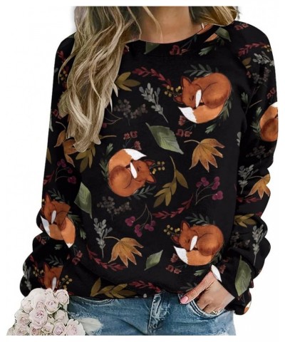 Fox Sweatshirt for Women Crewneck Tunics Long Sleeve Animal Print Tops Loose Fit Casual Cozy Hoodies Fox Sleeping Plants Blac...