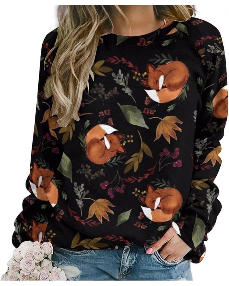 Fox Sweatshirt for Women Crewneck Tunics Long Sleeve Animal Print Tops Loose Fit Casual Cozy Hoodies Fox Sleeping Plants Blac...
