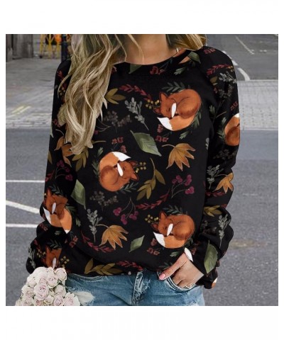 Fox Sweatshirt for Women Crewneck Tunics Long Sleeve Animal Print Tops Loose Fit Casual Cozy Hoodies Fox Sleeping Plants Blac...