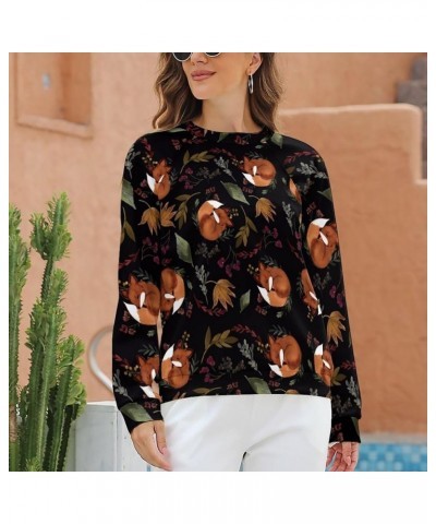 Fox Sweatshirt for Women Crewneck Tunics Long Sleeve Animal Print Tops Loose Fit Casual Cozy Hoodies Fox Sleeping Plants Blac...