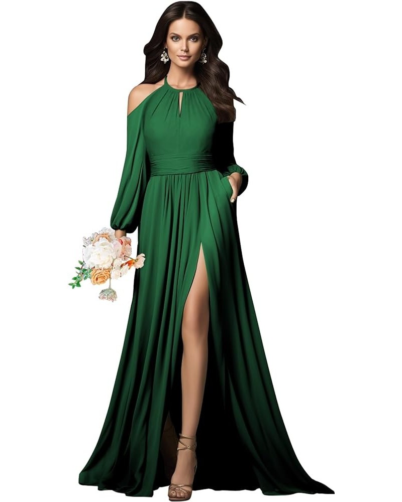 Halter Long Sleeve Bridesmaid Dresses with Slit Pockets Cold Shoulder Pleated Chiffon Formal Prom Dress Evening Gown Emerald ...