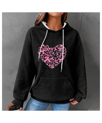 Breast Cancer Sweatshirt For Women Pink Ribbon Heart Print Waffle Hoodies Long Sleeve Drawstring Casual Clothes 01 Black $11....