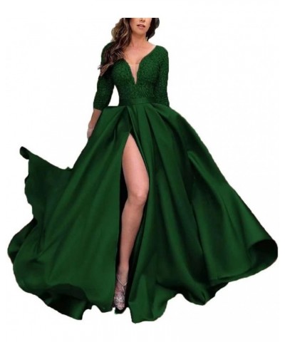 Prom Dresses with Slit Pocket V Neck Lace Long Ball Gown 3/4 Sleeves Satin Formal Party Gowns Emerald Green $36.75 Dresses