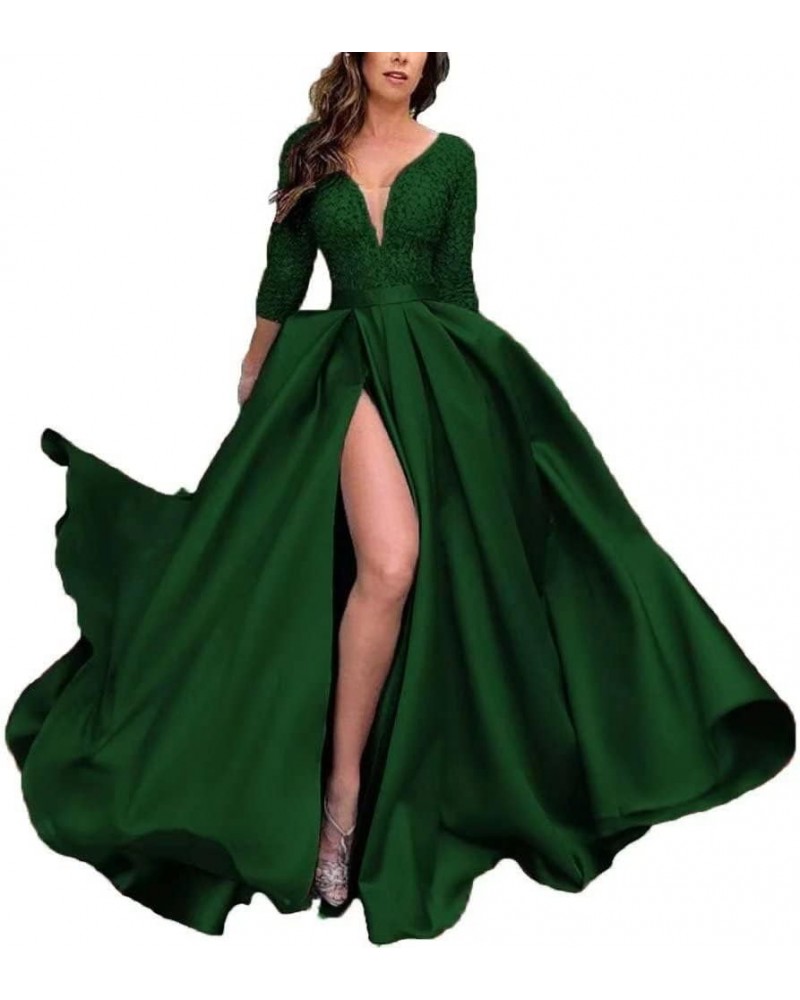 Prom Dresses with Slit Pocket V Neck Lace Long Ball Gown 3/4 Sleeves Satin Formal Party Gowns Emerald Green $36.75 Dresses