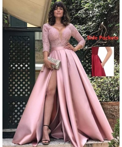 Prom Dresses with Slit Pocket V Neck Lace Long Ball Gown 3/4 Sleeves Satin Formal Party Gowns Emerald Green $36.75 Dresses