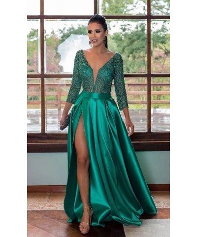 Prom Dresses with Slit Pocket V Neck Lace Long Ball Gown 3/4 Sleeves Satin Formal Party Gowns Emerald Green $36.75 Dresses