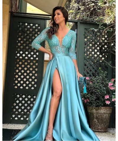 Prom Dresses with Slit Pocket V Neck Lace Long Ball Gown 3/4 Sleeves Satin Formal Party Gowns Emerald Green $36.75 Dresses