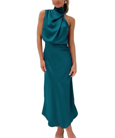 Women's Sleeveless Summer Satin Dress Mock Neck Zip Up Elegant Cocktail Party Formal Maxi Dresses Lake Blue $11.24 Dresses