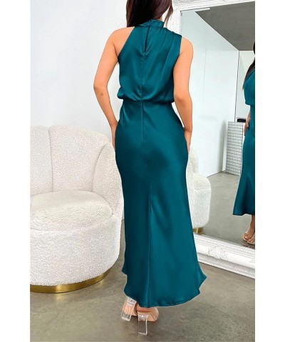 Women's Sleeveless Summer Satin Dress Mock Neck Zip Up Elegant Cocktail Party Formal Maxi Dresses Lake Blue $11.24 Dresses