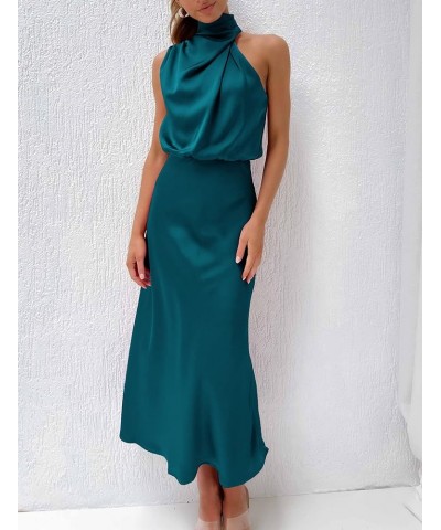 Women's Sleeveless Summer Satin Dress Mock Neck Zip Up Elegant Cocktail Party Formal Maxi Dresses Lake Blue $11.24 Dresses