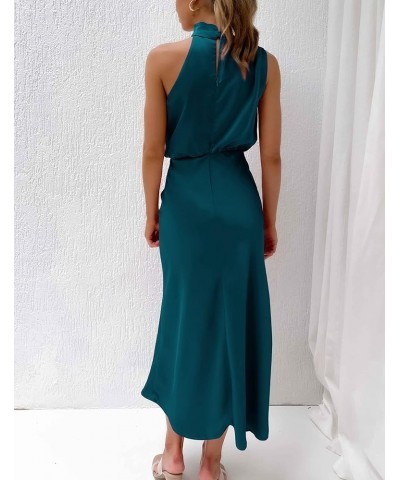 Women's Sleeveless Summer Satin Dress Mock Neck Zip Up Elegant Cocktail Party Formal Maxi Dresses Lake Blue $11.24 Dresses