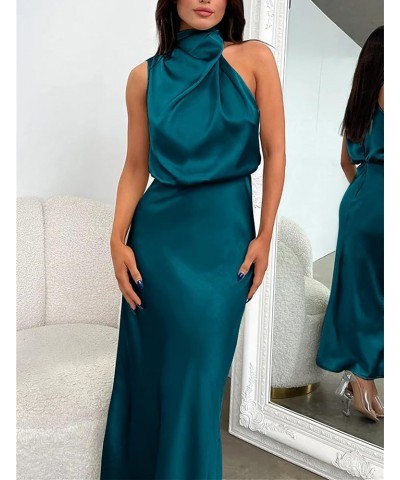 Women's Sleeveless Summer Satin Dress Mock Neck Zip Up Elegant Cocktail Party Formal Maxi Dresses Lake Blue $11.24 Dresses