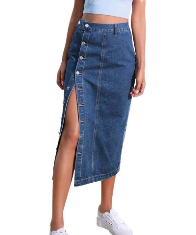 Women's Retro Exposure Button/Zipper-Fly Full Length A-Line Fishtail Maxi Long Washed Denim Jean Skirt Split Hem Skirts Y4-na...