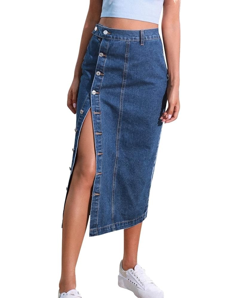 Women's Retro Exposure Button/Zipper-Fly Full Length A-Line Fishtail Maxi Long Washed Denim Jean Skirt Split Hem Skirts Y4-na...