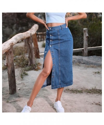 Women's Retro Exposure Button/Zipper-Fly Full Length A-Line Fishtail Maxi Long Washed Denim Jean Skirt Split Hem Skirts Y4-na...