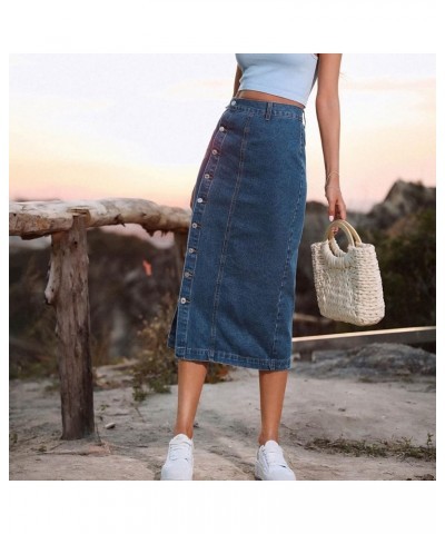 Women's Retro Exposure Button/Zipper-Fly Full Length A-Line Fishtail Maxi Long Washed Denim Jean Skirt Split Hem Skirts Y4-na...